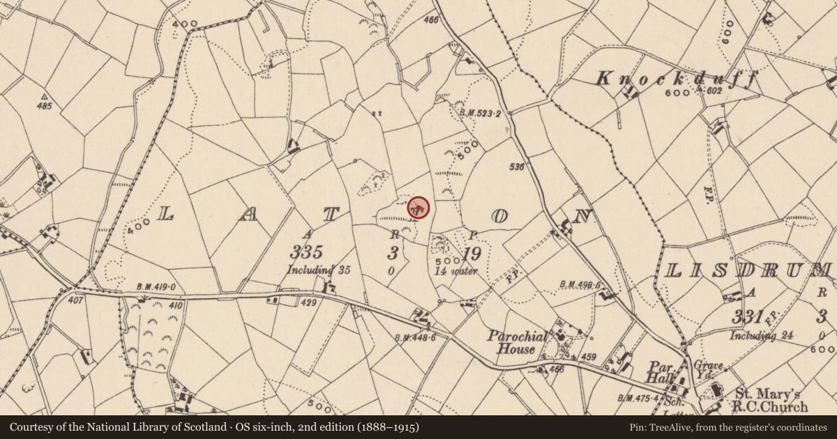 Ordnance Survey six-inch map, 2nd edition (1888–1915) covering the location of Church, Latton, County Monaghan, with a pin at the register's coordinates
