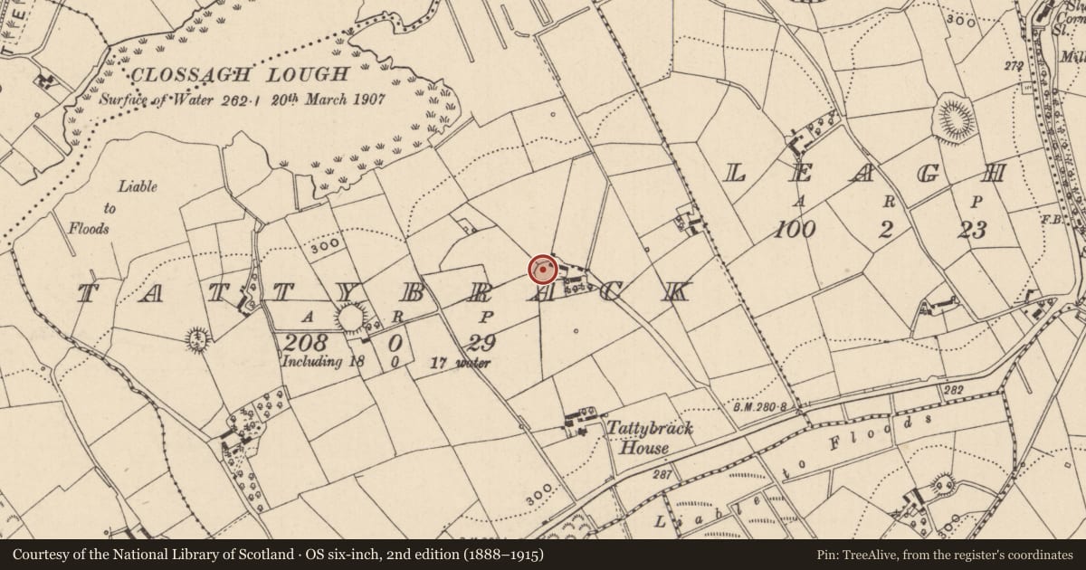 Ordnance Survey six-inch map, 2nd edition (1888–1915) covering the location of Ringfort - rath, Tattybrack, County Monaghan, with a pin at the register's coordinates