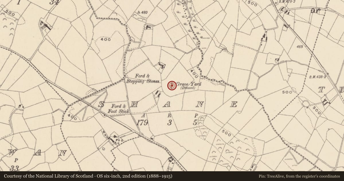 Ordnance Survey six-inch map, 2nd edition (1888–1915) covering the location of Burial ground, Shane, County Monaghan, with a pin at the register's coordinates