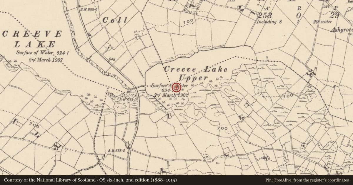 Ordnance Survey six-inch map, 2nd edition (1888–1915) covering the location of Crannog, Carrickatee, County Monaghan, with a pin at the register's coordinates