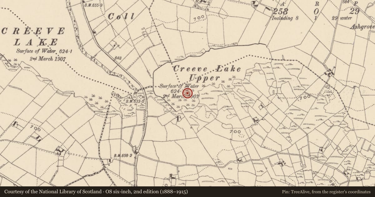 Ordnance Survey six-inch map, 2nd edition (1888–1915) covering the location of Crannog, Carrickatee, County Monaghan, with a pin at the register's coordinates