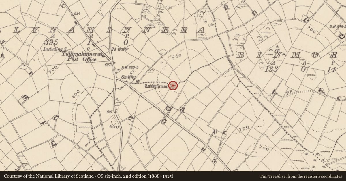 Ordnance Survey six-inch map, 2nd edition (1888–1915) covering the location of Cist, Lattonfasky, County Monaghan, with a pin at the register's coordinates