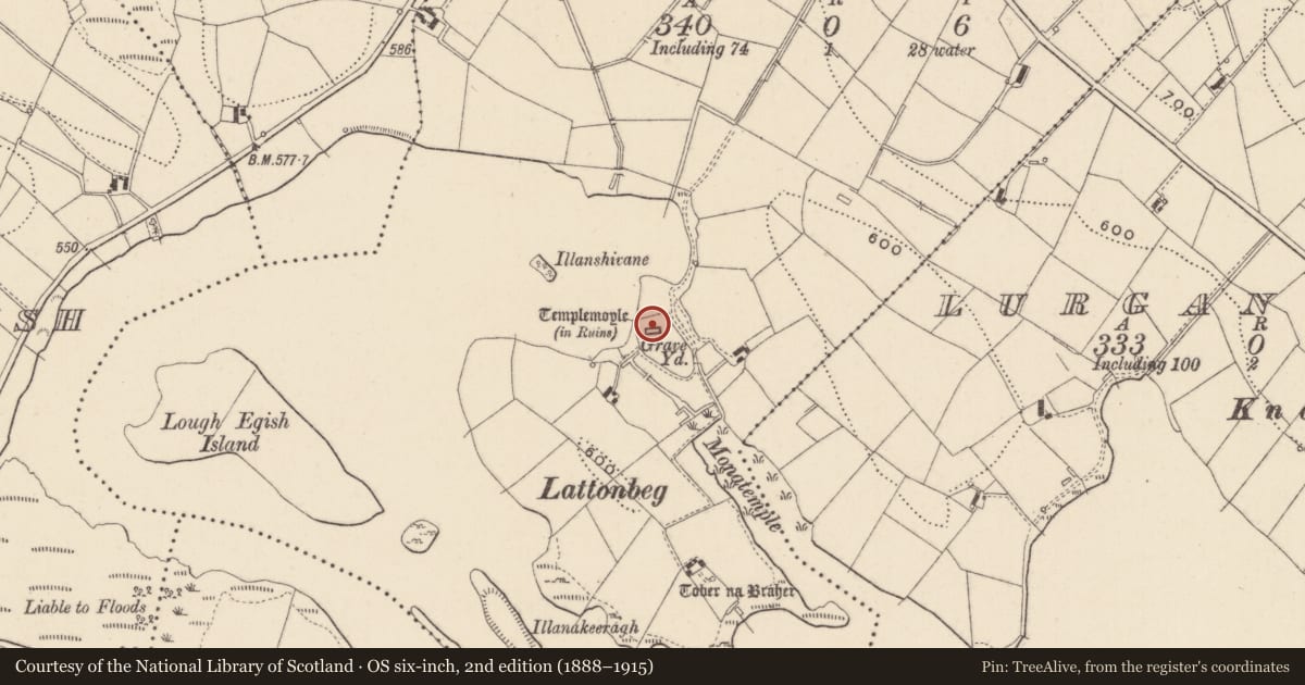 Ordnance Survey six-inch map, 2nd edition (1888–1915) covering the location of Church, Lattonfasky, County Monaghan, with a pin at the register's coordinates