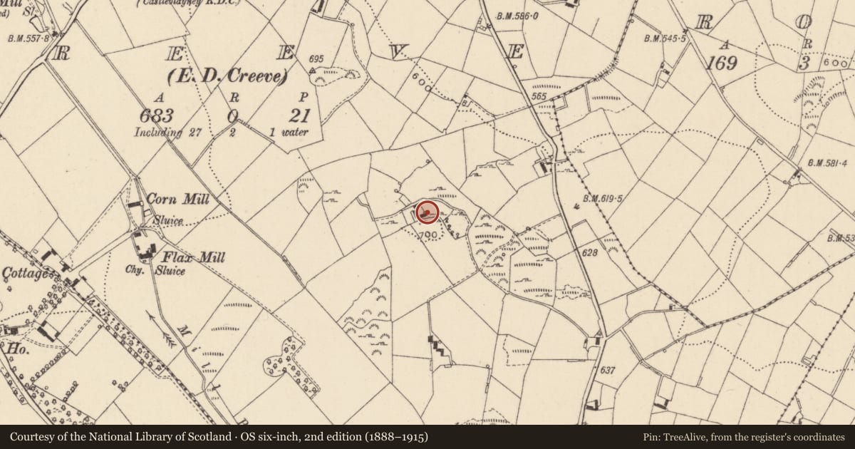 Ordnance Survey six-inch map, 2nd edition (1888–1915) covering the location of Mass-rock, Creeve (Cremorne By., Aghnamullen Par.), County Monaghan, with a pin at the register's coordinates