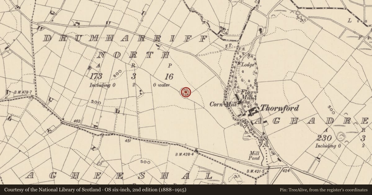 Ordnance Survey six-inch map, 2nd edition (1888–1915) covering the location of Ringfort - rath, Drumharriff North, County Monaghan, with a pin at the register's coordinates