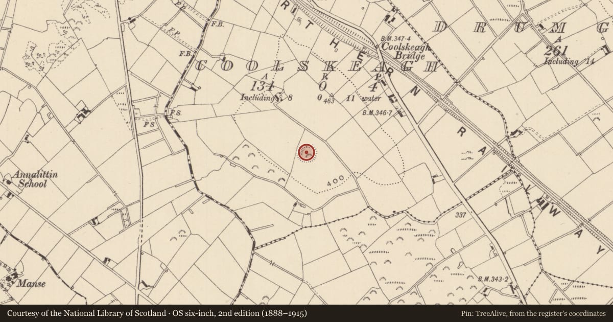 Ordnance Survey six-inch map, 2nd edition (1888–1915) covering the location of Ringfort - rath, Coolskeagh, County Monaghan, with a pin at the register's coordinates