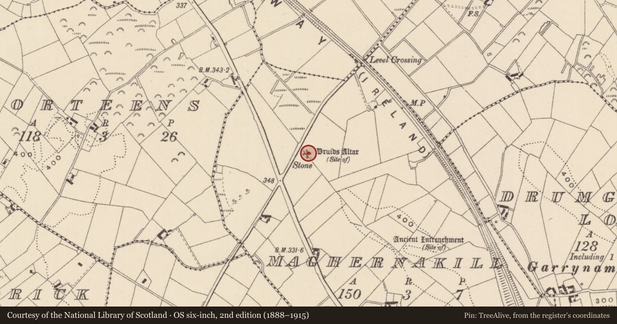 Ordnance Survey six-inch map, 2nd edition (1888–1915) covering the location of Megalithic tomb - unclassified, Maghernakill, County Monaghan, with a pin at the register's coordinates