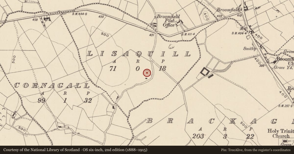 Ordnance Survey six-inch map, 2nd edition (1888–1915) covering the location of Ringfort - rath, Lisaquill, County Monaghan, with a pin at the register's coordinates