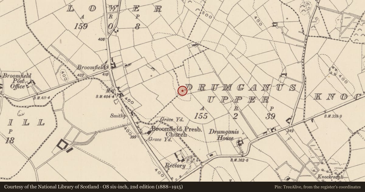 Ordnance Survey six-inch map, 2nd edition (1888–1915) covering the location of Ringfort - rath, Drumganus Upper, County Monaghan, with a pin at the register's coordinates