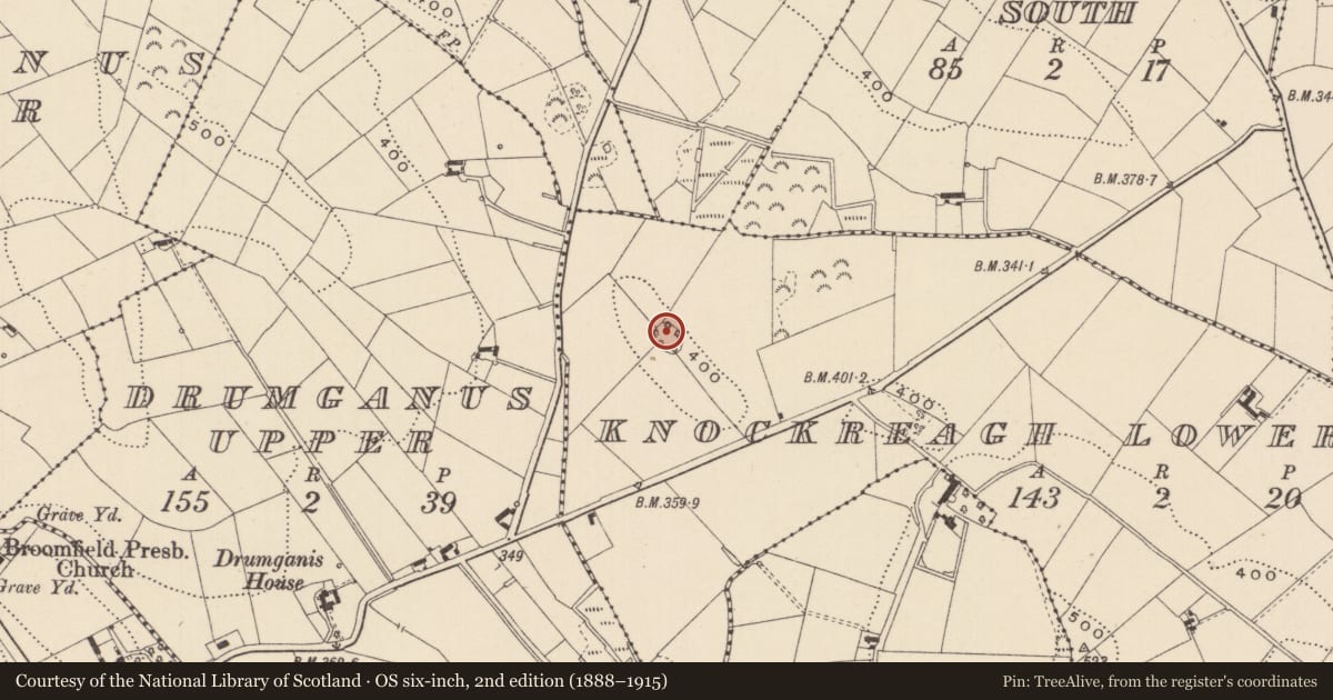 Ordnance Survey six-inch map, 2nd edition (1888–1915) covering the location of Ringfort - rath, Knockreagh Lower, County Monaghan, with a pin at the register's coordinates