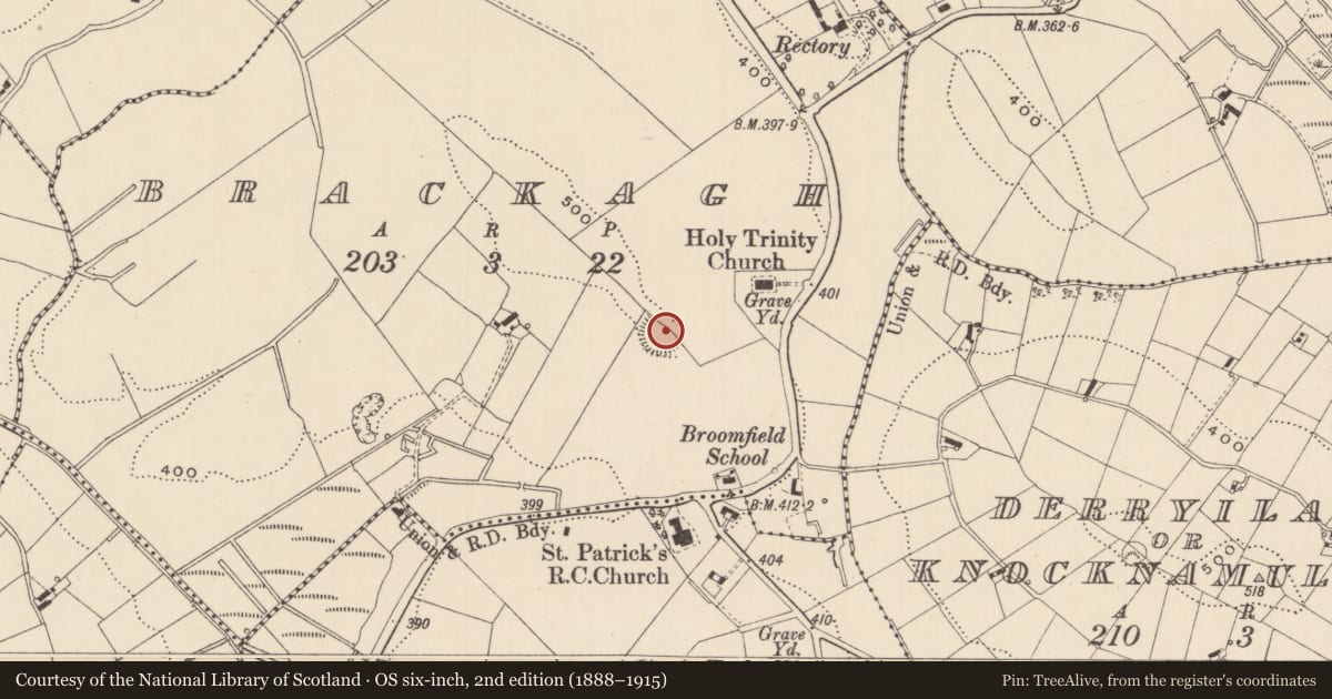 Ordnance Survey six-inch map, 2nd edition (1888–1915) covering the location of Ringfort - rath, Brackagh, County Monaghan, with a pin at the register's coordinates