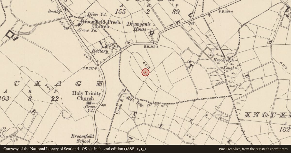 Ordnance Survey six-inch map, 2nd edition (1888–1915) covering the location of Ringfort - rath, Drumganus Upper, County Monaghan, with a pin at the register's coordinates