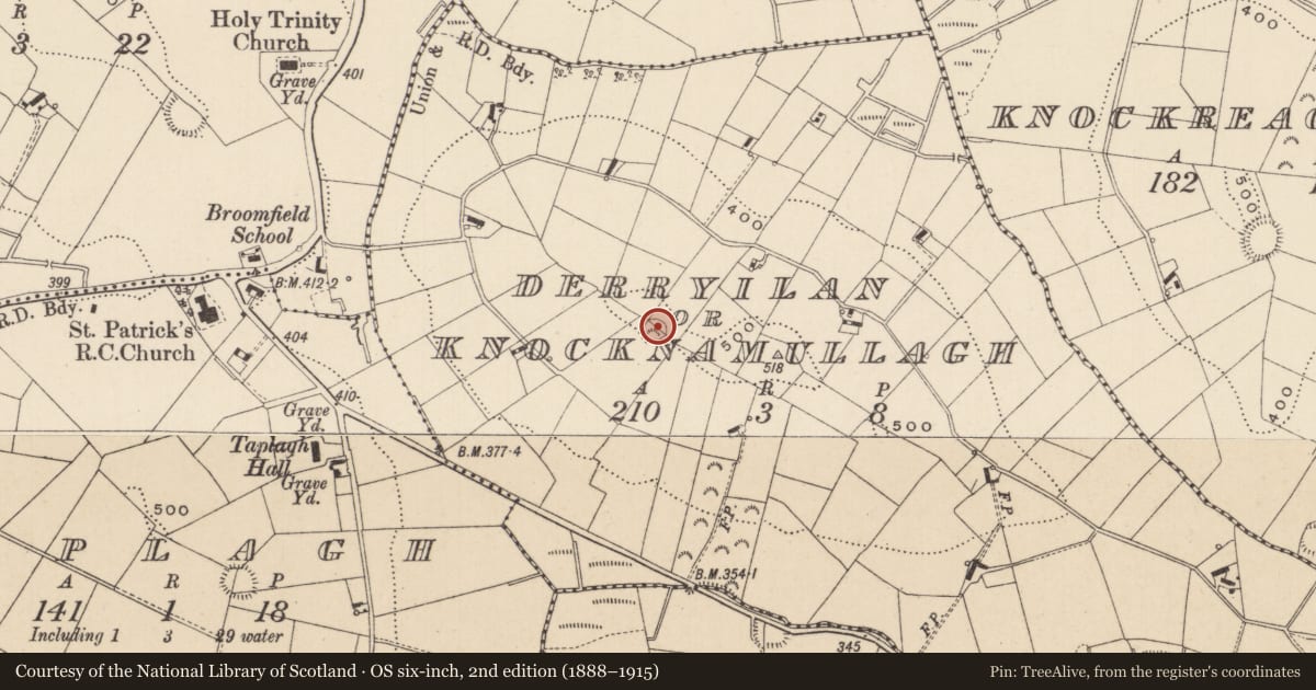 Ordnance Survey six-inch map, 2nd edition (1888–1915) covering the location of Ringfort - rath, Derryilan Or Knocknamullagh, County Monaghan, with a pin at the register's coordinates