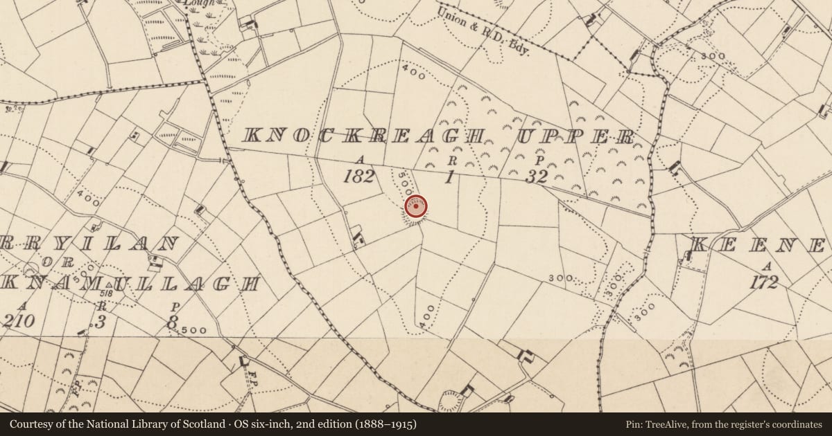 Ordnance Survey six-inch map, 2nd edition (1888–1915) covering the location of Ringfort - rath, Knockreagh Upper, County Monaghan, with a pin at the register's coordinates