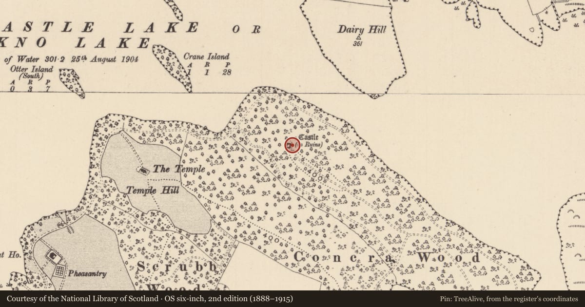 Ordnance Survey six-inch map, 2nd edition (1888–1915) covering the location of Designed landscape - folly, Concra, County Monaghan, with a pin at the register's coordinates