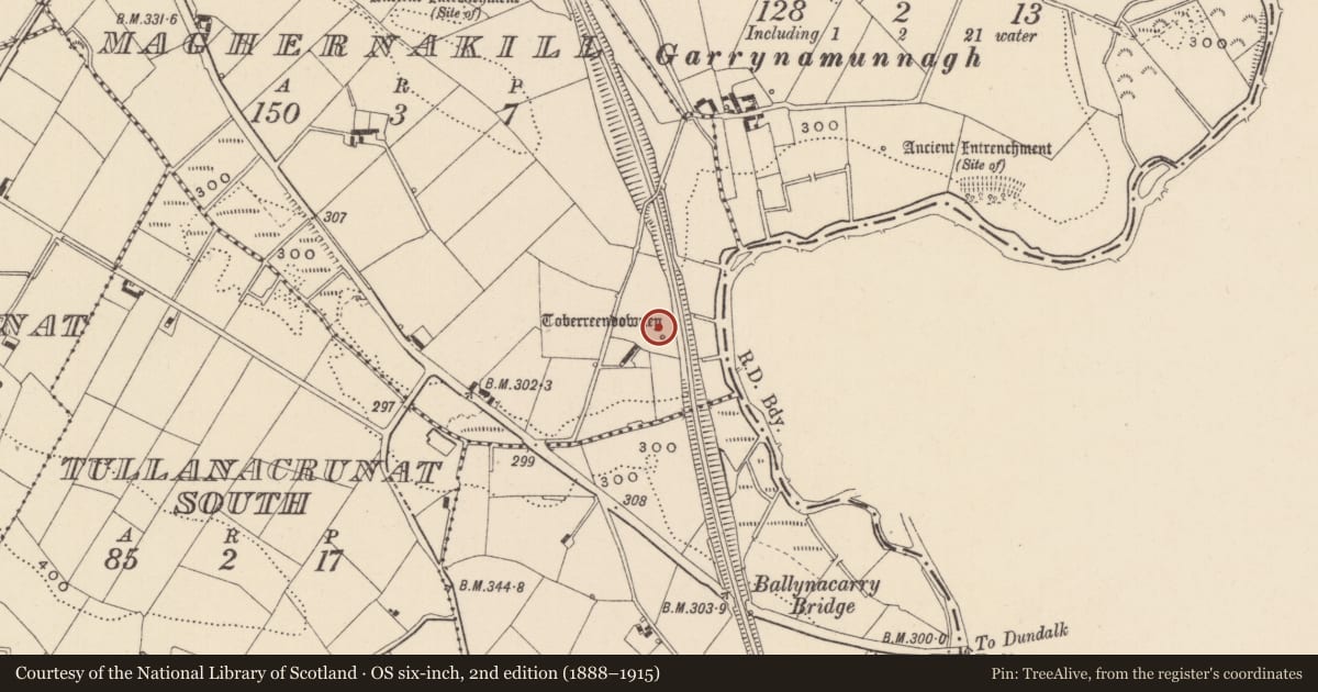 Ordnance Survey six-inch map, 2nd edition (1888–1915) covering the location of Ritual site - holy well, Maghernakill, County Monaghan, with a pin at the register's coordinates