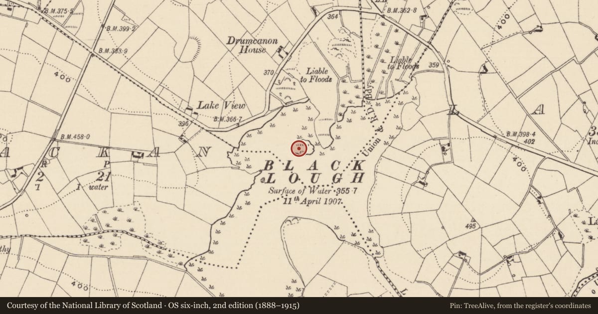 Ordnance Survey six-inch map, 2nd edition (1888–1915) covering the location of Crannog, Drumcanon, County Monaghan, with a pin at the register's coordinates