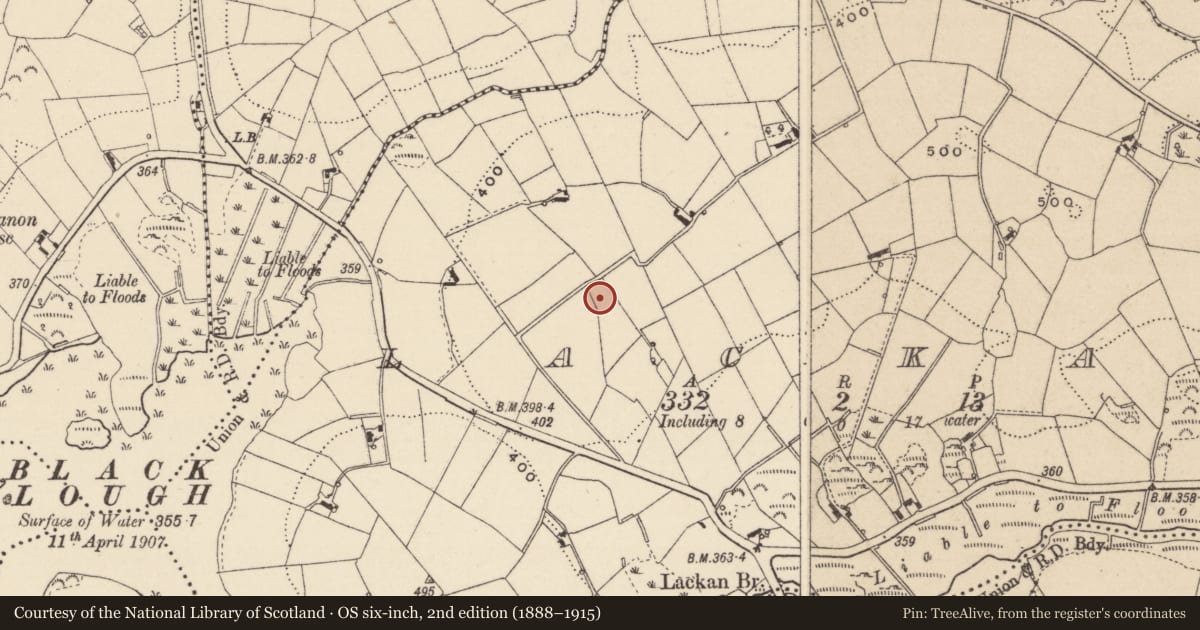 Ordnance Survey six-inch map, 2nd edition (1888–1915) covering the location of Ringfort - rath, Lackan, County Monaghan, with a pin at the register's coordinates