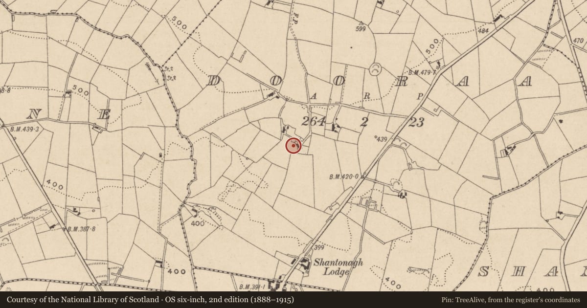 Ordnance Survey six-inch map, 2nd edition (1888–1915) covering the location of Ringfort - rath, Dooraa, County Monaghan, with a pin at the register's coordinates