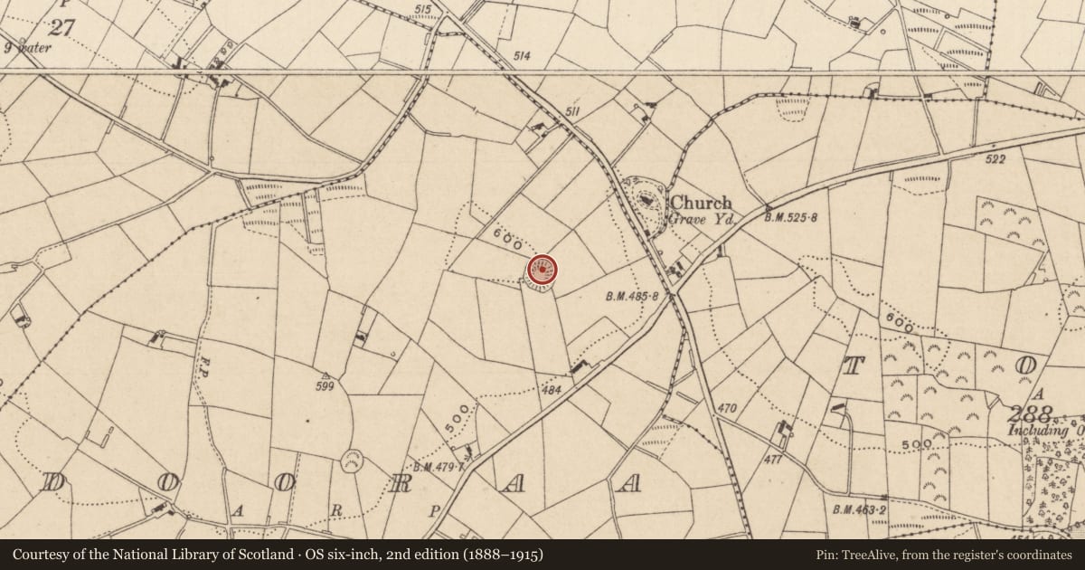 Ordnance Survey six-inch map, 2nd edition (1888–1915) covering the location of Ringfort - rath, Dooraa, County Monaghan, with a pin at the register's coordinates