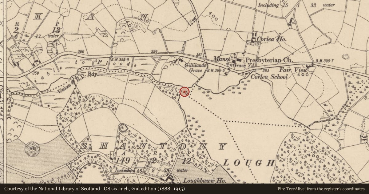Ordnance Survey six-inch map, 2nd edition (1888–1915) covering the location of Crannog, Lackan, County Monaghan, with a pin at the register's coordinates