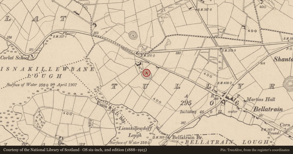 Ordnance Survey six-inch map, 2nd edition (1888–1915) covering the location of Ringfort - rath, Tullyrain, County Monaghan, with a pin at the register's coordinates