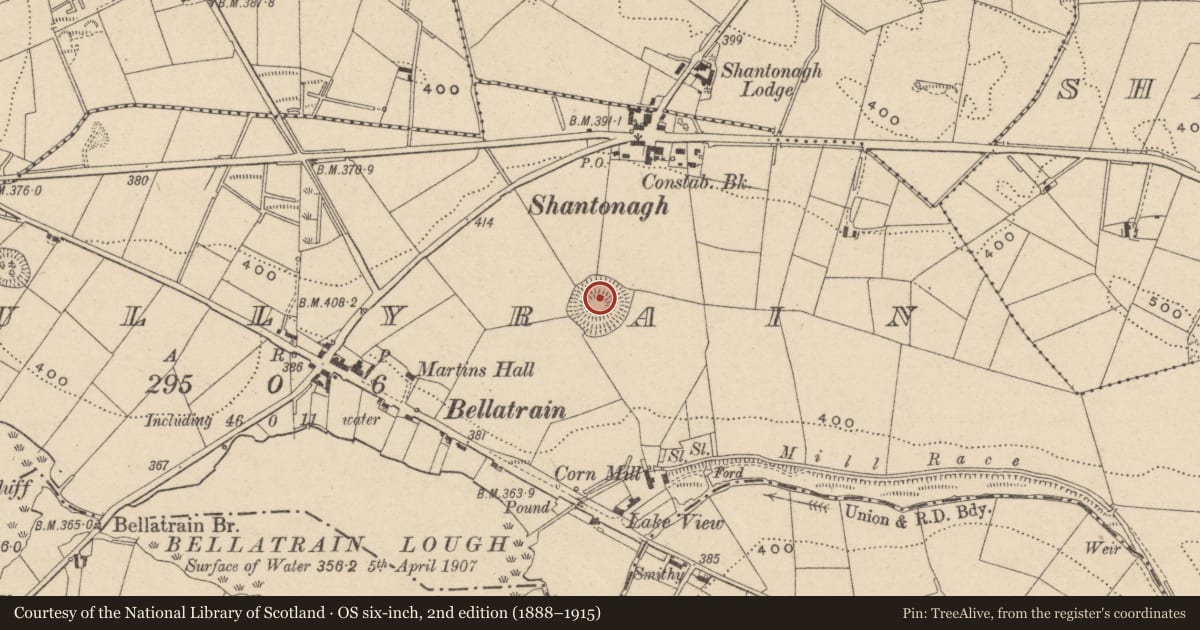 Ordnance Survey six-inch map, 2nd edition (1888–1915) covering the location of Ringfort - rath, Tullyrain, County Monaghan, with a pin at the register's coordinates