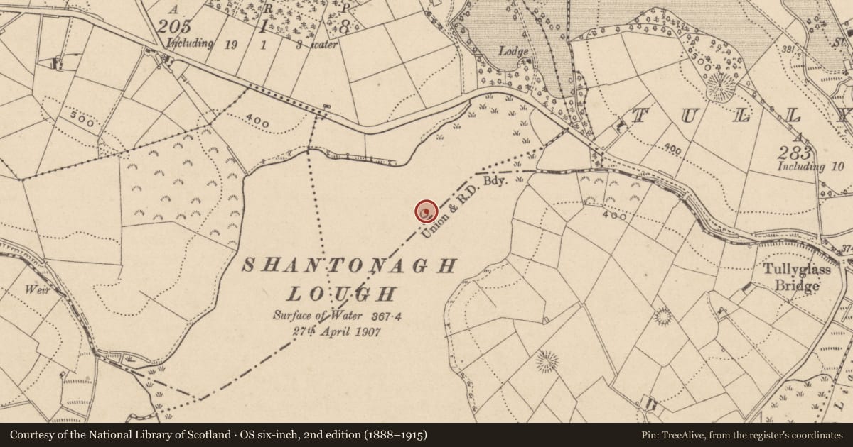 Ordnance Survey six-inch map, 2nd edition (1888–1915) covering the location of Crannog, Shantonagh (Cremorne By, County Monaghan, with a pin at the register's coordinates