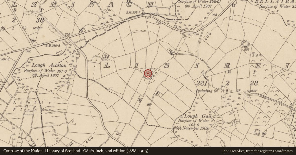 Ordnance Survey six-inch map, 2nd edition (1888–1915) covering the location of Ringfort - rath, Lisirril, County Monaghan, with a pin at the register's coordinates