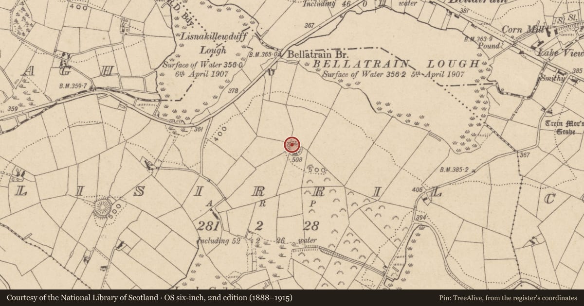 Ordnance Survey six-inch map, 2nd edition (1888–1915) covering the location of Souterrain, Lisirril, County Monaghan, with a pin at the register's coordinates