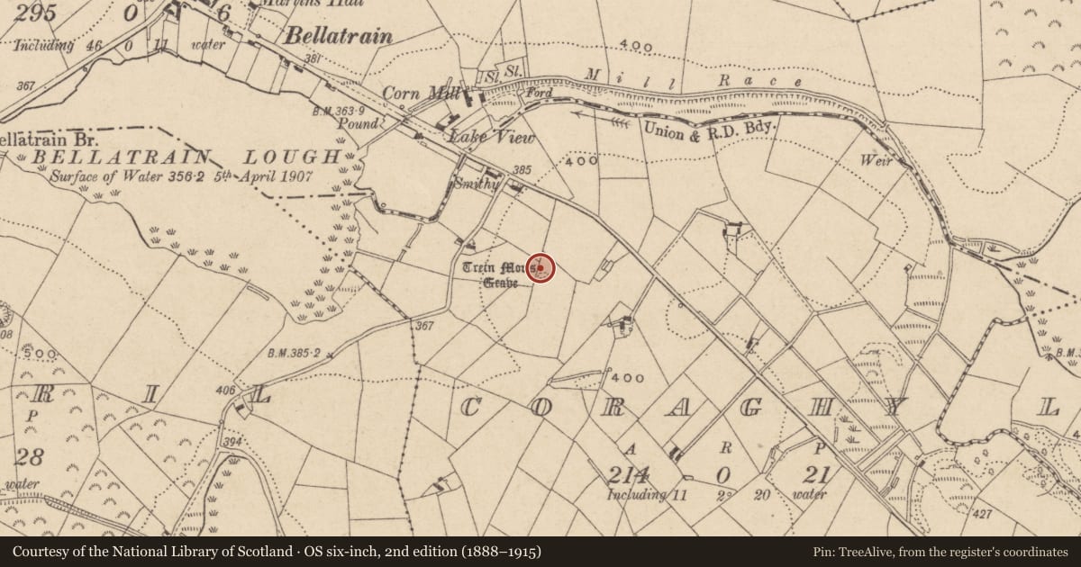 Ordnance Survey six-inch map, 2nd edition (1888–1915) covering the location of Megalithic tomb - unclassified, Coraghy, County Monaghan, with a pin at the register's coordinates