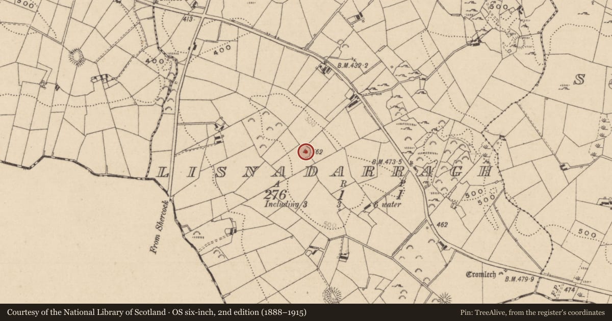 Ordnance Survey six-inch map, 2nd edition (1888–1915) covering the location of Ringfort - rath, Lisnadarragh, County Monaghan, with a pin at the register's coordinates