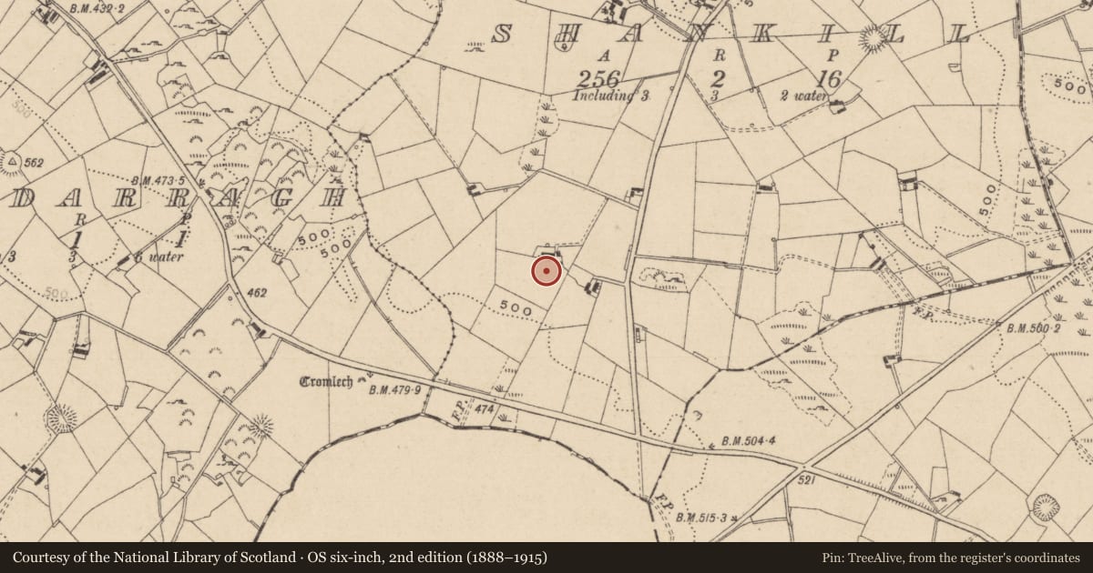 Ordnance Survey six-inch map, 2nd edition (1888–1915) covering the location of Burial ground, Shankill, County Monaghan, with a pin at the register's coordinates
