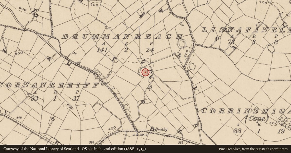 Ordnance Survey six-inch map, 2nd edition (1888–1915) covering the location of Ringfort - rath, Drummanreagh, County Monaghan, with a pin at the register's coordinates