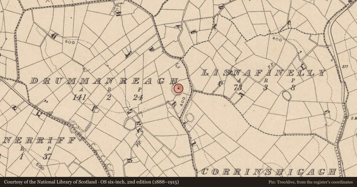 Ordnance Survey six-inch map, 2nd edition (1888–1915) covering the location of Ringfort - rath, Drummanreagh, County Monaghan, with a pin at the register's coordinates