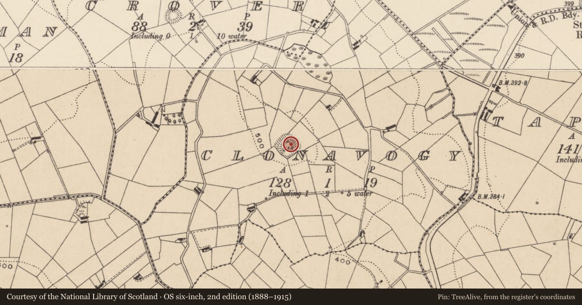 Ordnance Survey six-inch map, 2nd edition (1888–1915) covering the location of Ringfort - rath, Clonavogy, County Monaghan, with a pin at the register's coordinates