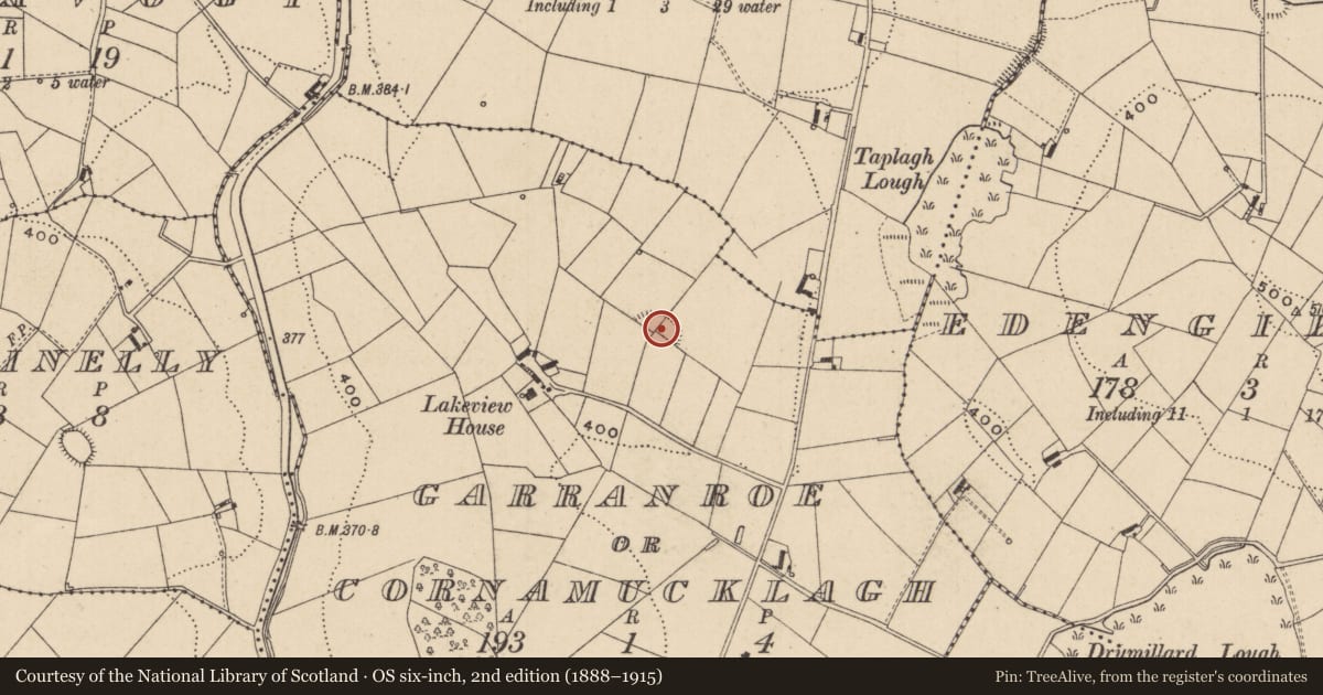 Ordnance Survey six-inch map, 2nd edition (1888–1915) covering the location of Ringfort - rath, Garranroe Or Cornamucklagh, County Monaghan, with a pin at the register's coordinates