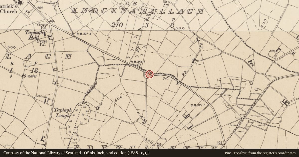 Ordnance Survey six-inch map, 2nd edition (1888–1915) covering the location of Ringfort - rath, Edengilrevy, County Monaghan, with a pin at the register's coordinates