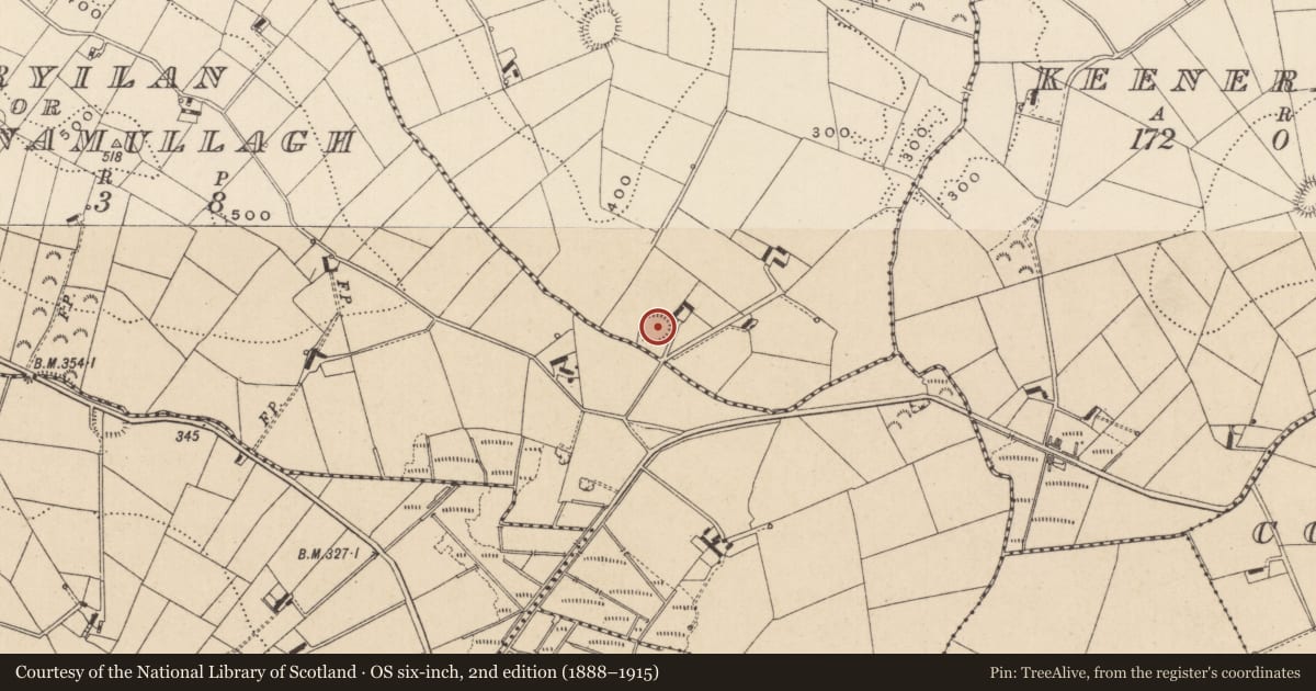 Ordnance Survey six-inch map, 2nd edition (1888–1915) covering the location of Ringfort - rath, Knockreagh Upper, County Monaghan, with a pin at the register's coordinates