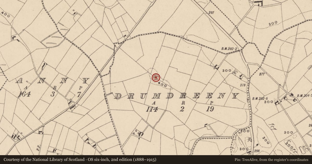 Ordnance Survey six-inch map, 2nd edition (1888–1915) covering the location of Ringfort - rath, Drumdreeny, County Monaghan, with a pin at the register's coordinates