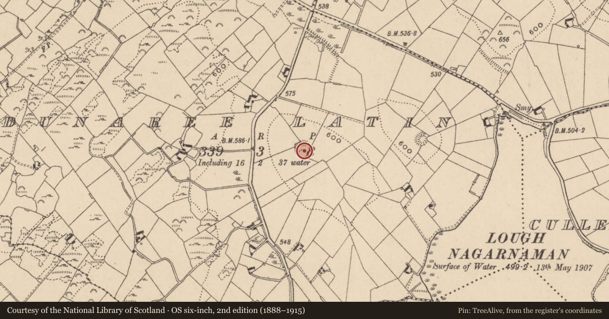 Ordnance Survey six-inch map, 2nd edition (1888–1915) covering the location of House - indeterminate date, Dunaree Latin, County Monaghan, with a pin at the register's coordinates