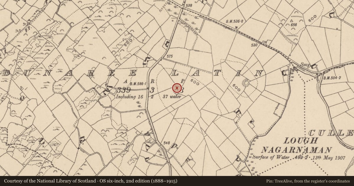 Ordnance Survey six-inch map, 2nd edition (1888–1915) covering the location of Hut site, Dunaree Latin, County Monaghan, with a pin at the register's coordinates