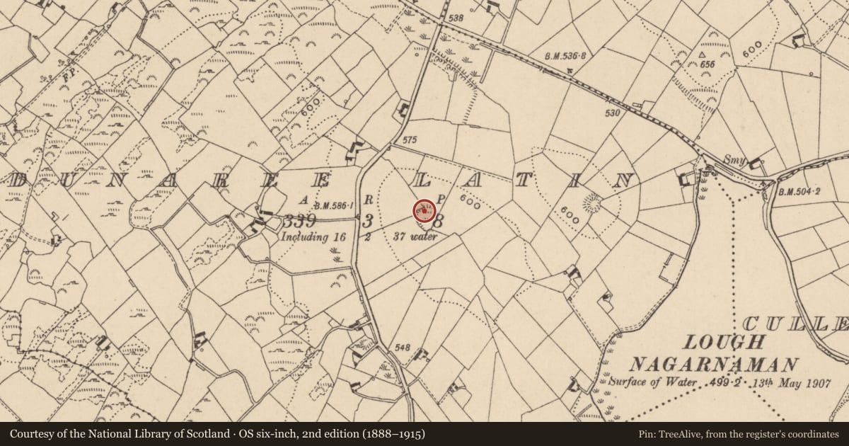 Ordnance Survey six-inch map, 2nd edition (1888–1915) covering the location of House - indeterminate date, Dunaree Latin, County Monaghan, with a pin at the register's coordinates