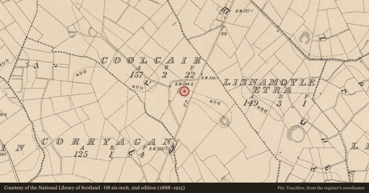 Ordnance Survey six-inch map, 2nd edition (1888–1915) covering the location of Ringfort - rath, Coolcair, County Monaghan, with a pin at the register's coordinates