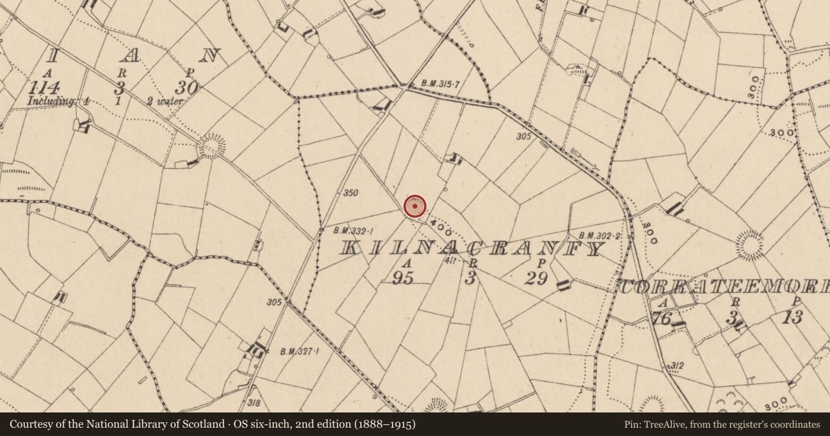 Ordnance Survey six-inch map, 2nd edition (1888–1915) covering the location of Ringfort - rath, Kilnacranfy, County Monaghan, with a pin at the register's coordinates