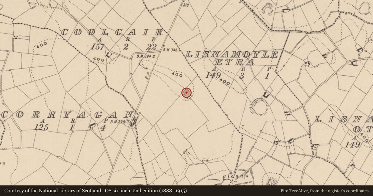 Ordnance Survey six-inch map, 2nd edition (1888–1915) covering the location of Ringfort - rath, Coolcair, County Monaghan, with a pin at the register's coordinates
