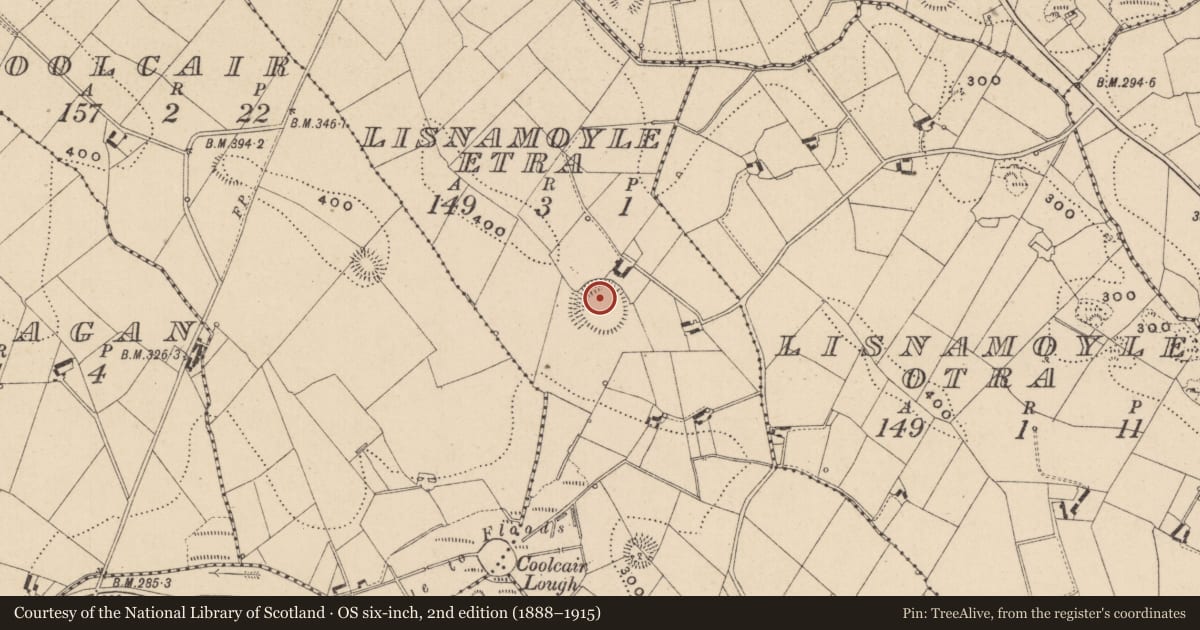 Ordnance Survey six-inch map, 2nd edition (1888–1915) covering the location of Enclosure, Lisnamoyle Etra, County Monaghan, with a pin at the register's coordinates