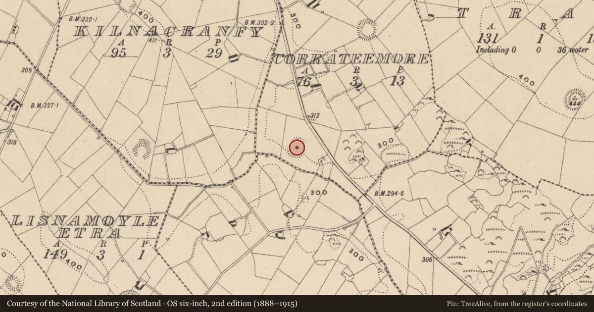 Ordnance Survey six-inch map, 2nd edition (1888–1915) covering the location of Ringfort - rath, Corrateemore, County Monaghan, with a pin at the register's coordinates