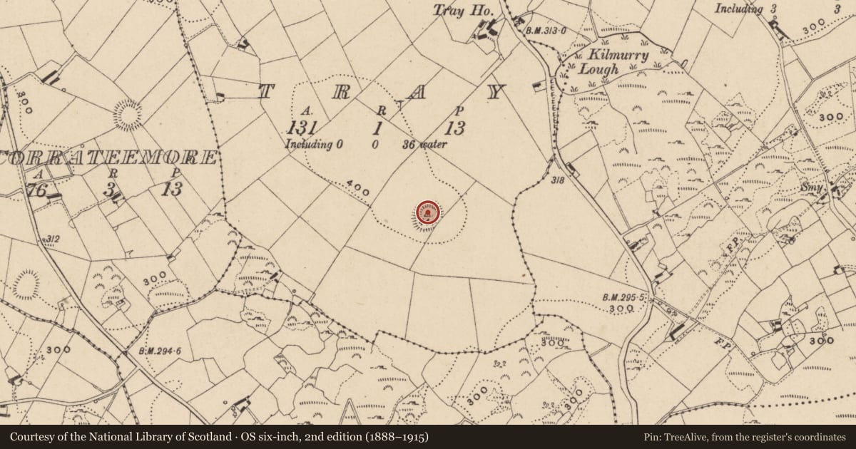 Ordnance Survey six-inch map, 2nd edition (1888–1915) covering the location of Ringfort - rath, Tray, County Monaghan, with a pin at the register's coordinates