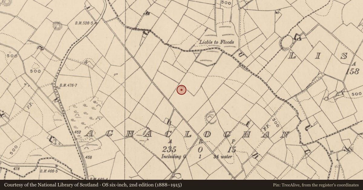 Ordnance Survey six-inch map, 2nd edition (1888–1915) covering the location of Ringfort - rath, Aghacloghan, County Monaghan, with a pin at the register's coordinates